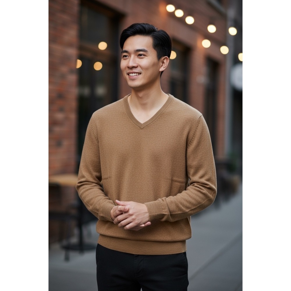 Jos A Bank Mens Cashmere V Neck Sweater Brown Medium Soft Knit Pullover
